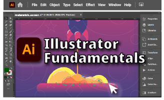 Adobe Illustrator interface with the title "Illustrator Fundamentals" displayed prominently
