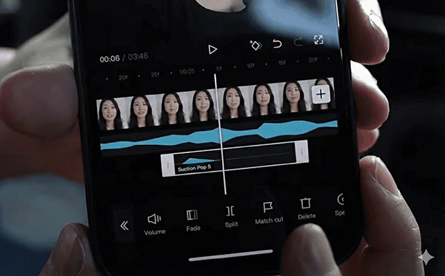 a person using a smartphone to edit a video in a mobile video editing app, with multiple frames of a person's face displayed in a timeline.