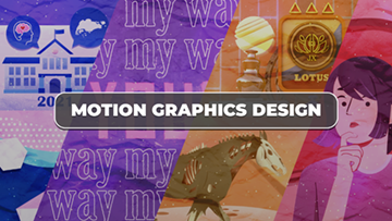 a variety of colourful motion graphics elements, including illustrations of buildings, animals, and abstract shapes.
